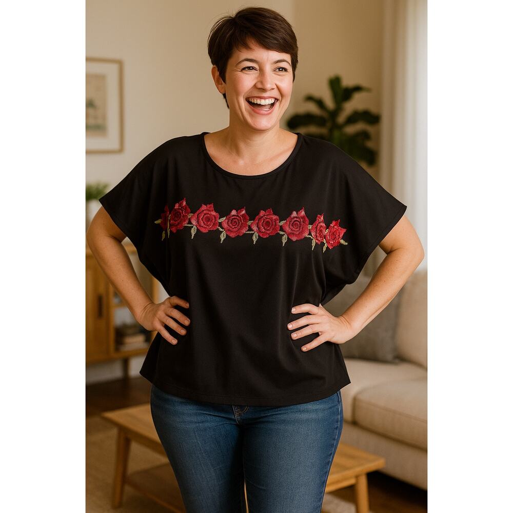 size Medium fits to 1X  Rose Appliqué Shirt Top Poncho Batwing Sexy